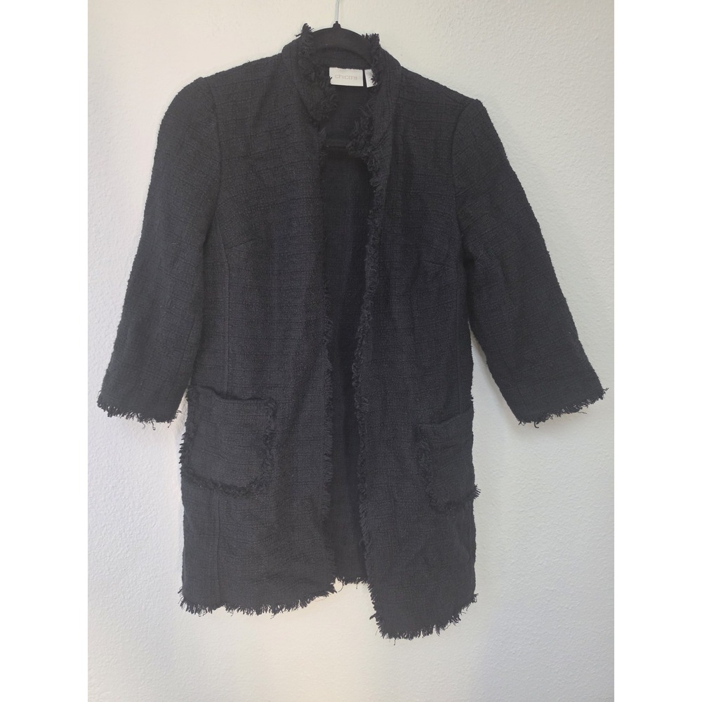 Chico's Jacket Size 0 Black Solid Long Sleeve Cotton Casual Blazer Coat
